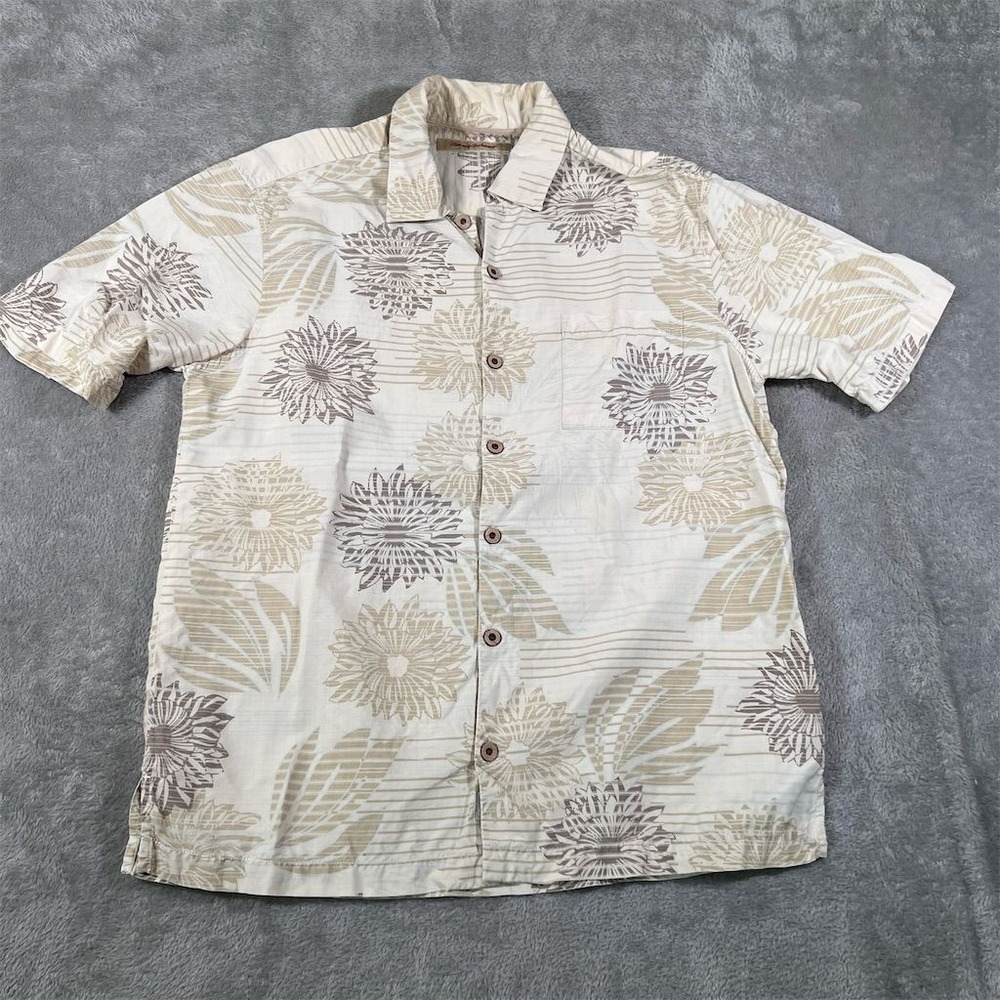 Tommy Bahama Men's Floral Hawaiian Shirt Medium Beige Silk Blend Short Sleeve